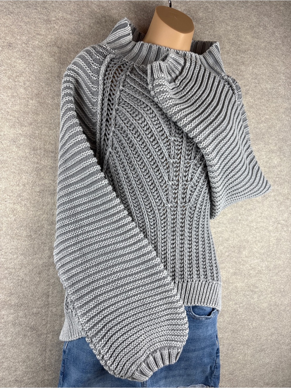 Free People Sweetheart Sweater Heavy Knit Cotton Pullover Mock Neck Grey XL